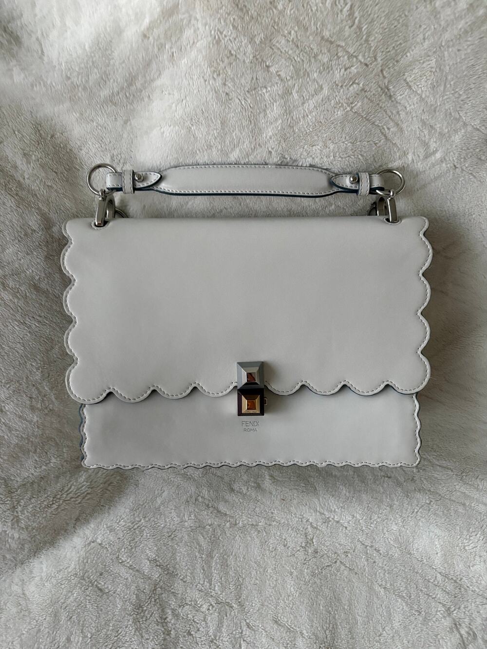 *New Pics* Fendi Kan I Small Scalloped Leather Silver Chain Shoulder Bag – White